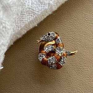 Vintage 90s Swarovski Crystal Snake Brooch Gold Enamel Serpent Pin Signed